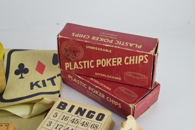 Vintage Poker Chips, Cribbage Board and Other Table Game Materials