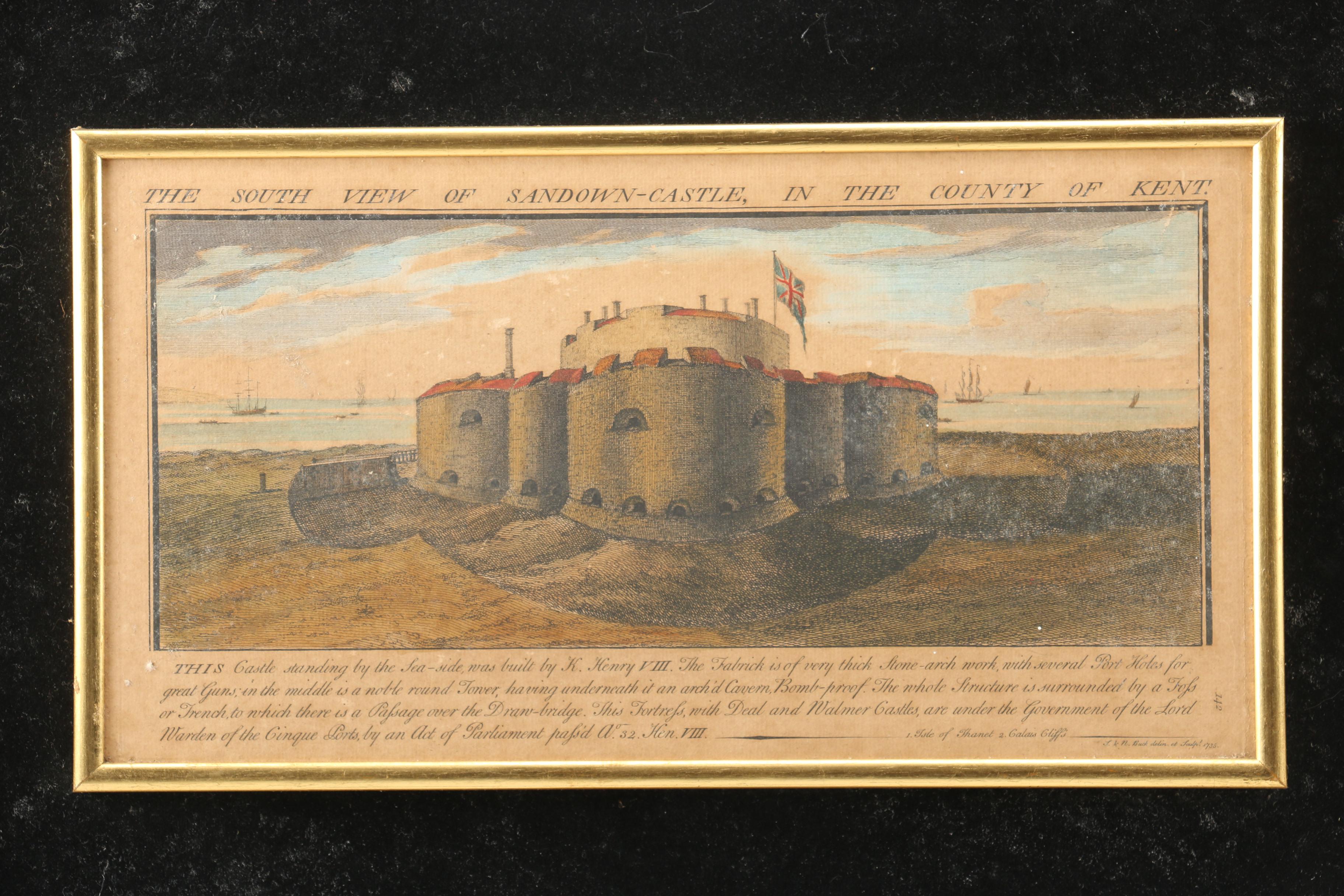 Buck Hand-Colored Engraving "The South View of Sandown-Castle, In the County of Kent"