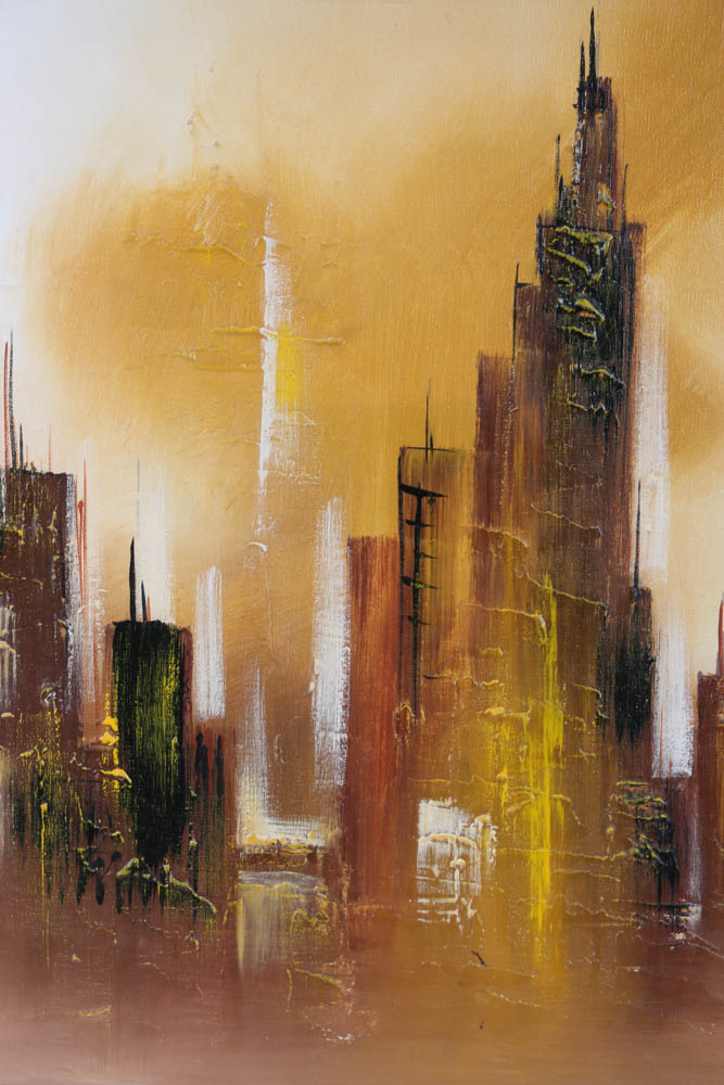 Brent Signed Mid Century Original Oil Cityscape on Canvas