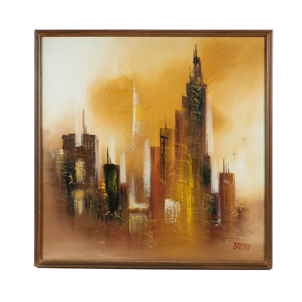 Brent Signed Mid Century Original Oil Cityscape on Canvas