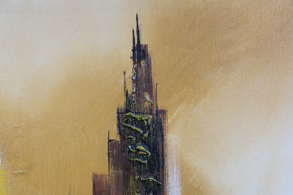 Brent Signed Mid Century Original Oil Cityscape on Canvas