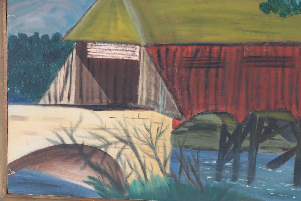 Vintage "Covered Bridge" Painting on Canvas by Jaqué
