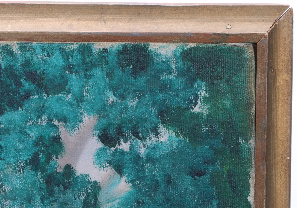 Vintage "Covered Bridge" Painting on Canvas by Jaqué