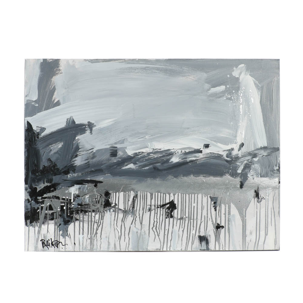 Robbie Kemper Original Acrylic on Canvas "Gray & Silver Drip Landscape"