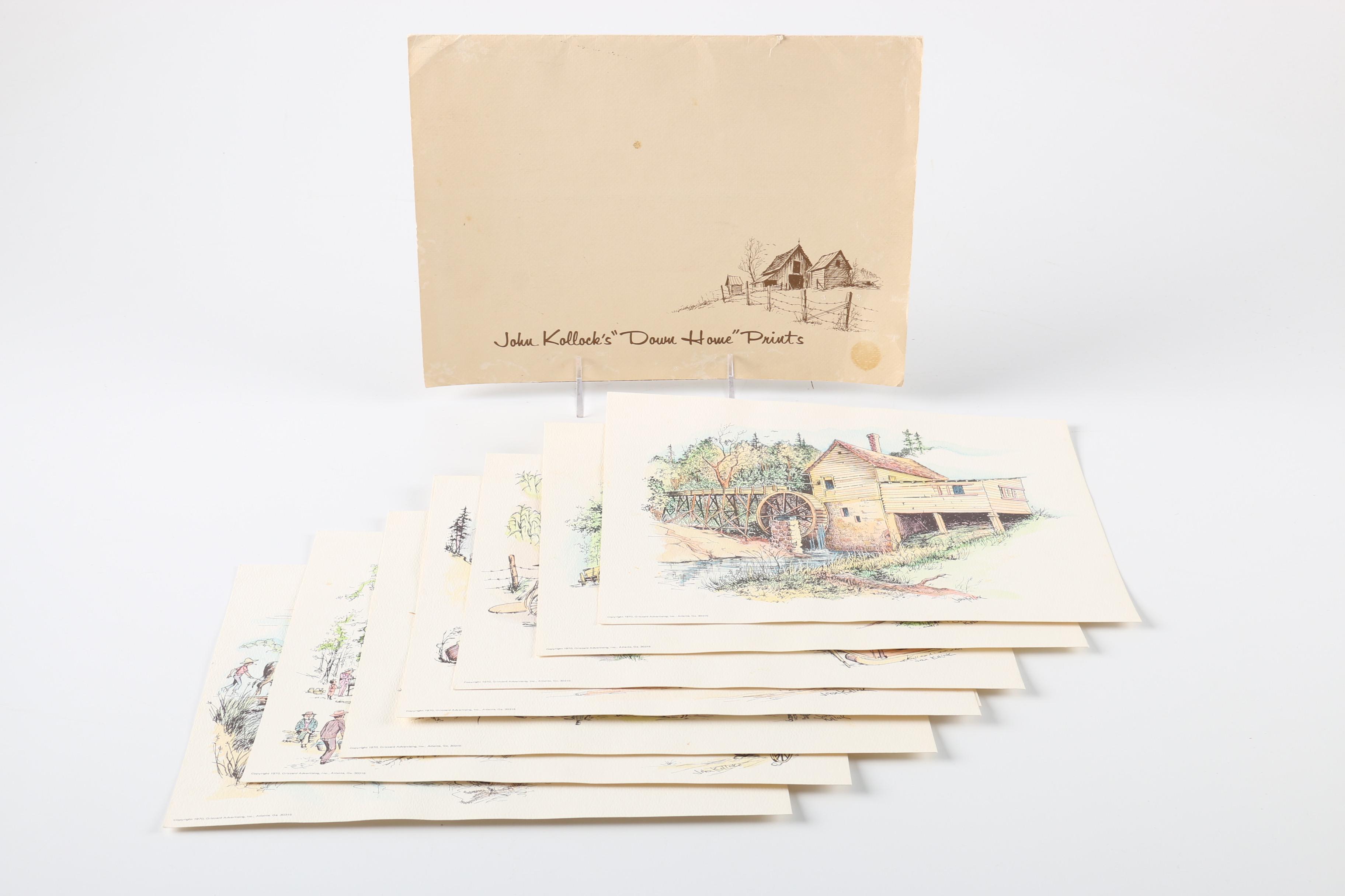After John Kollock "Down Home" Lithograph Prints With Watercolor Embellishments