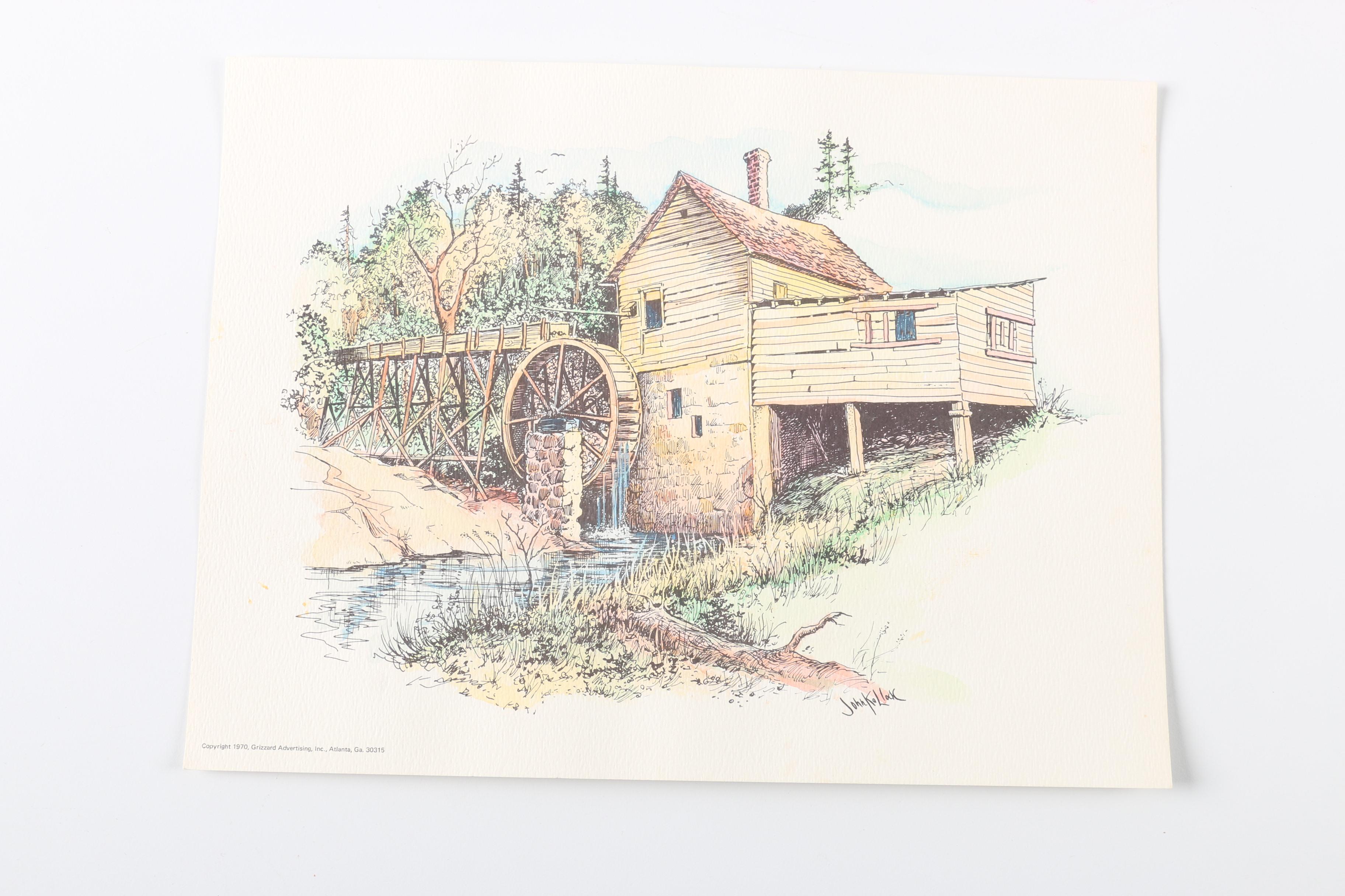 After John Kollock "Down Home" Lithograph Prints With Watercolor Embellishments