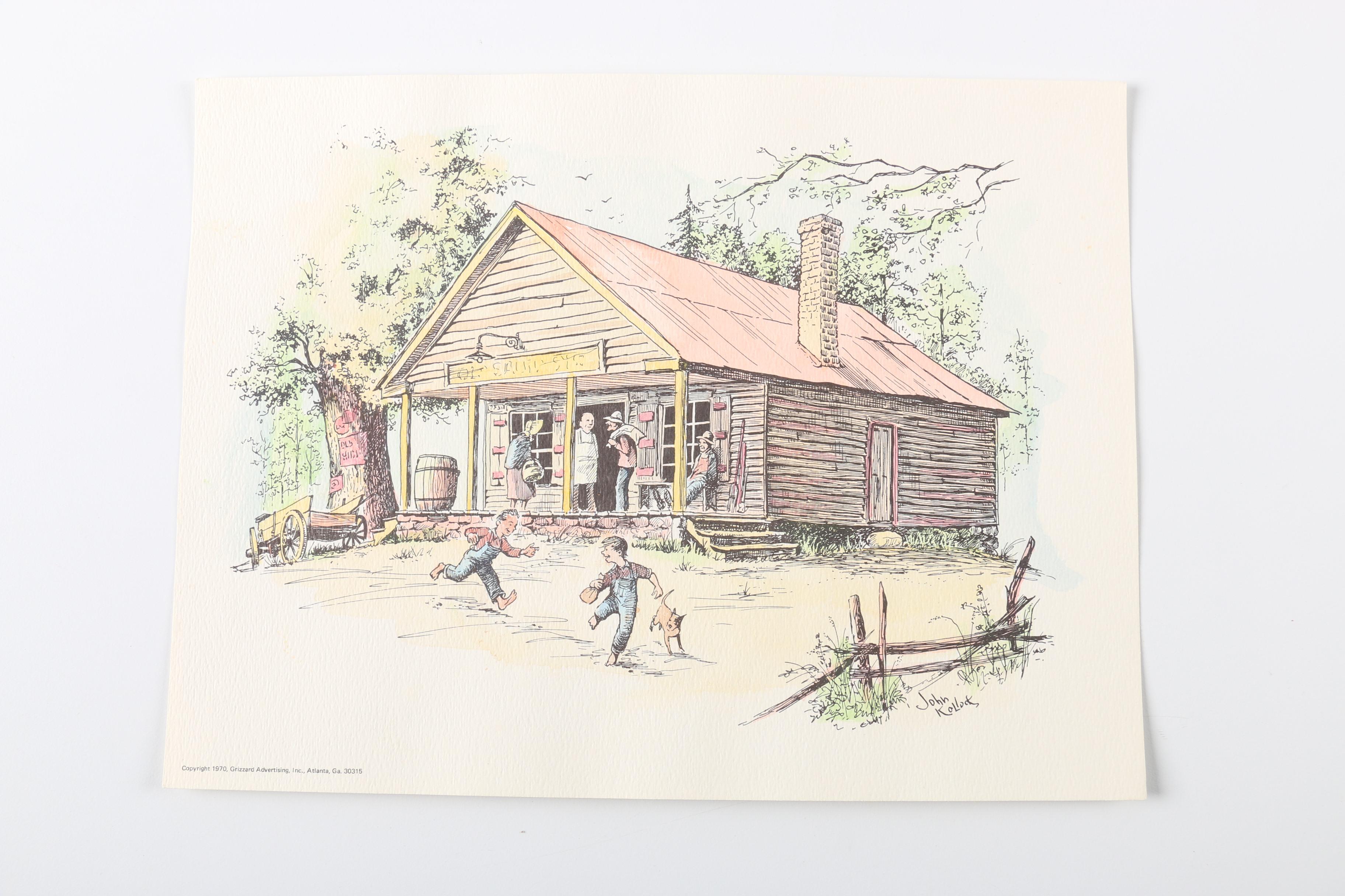 After John Kollock "Down Home" Lithograph Prints With Watercolor Embellishments