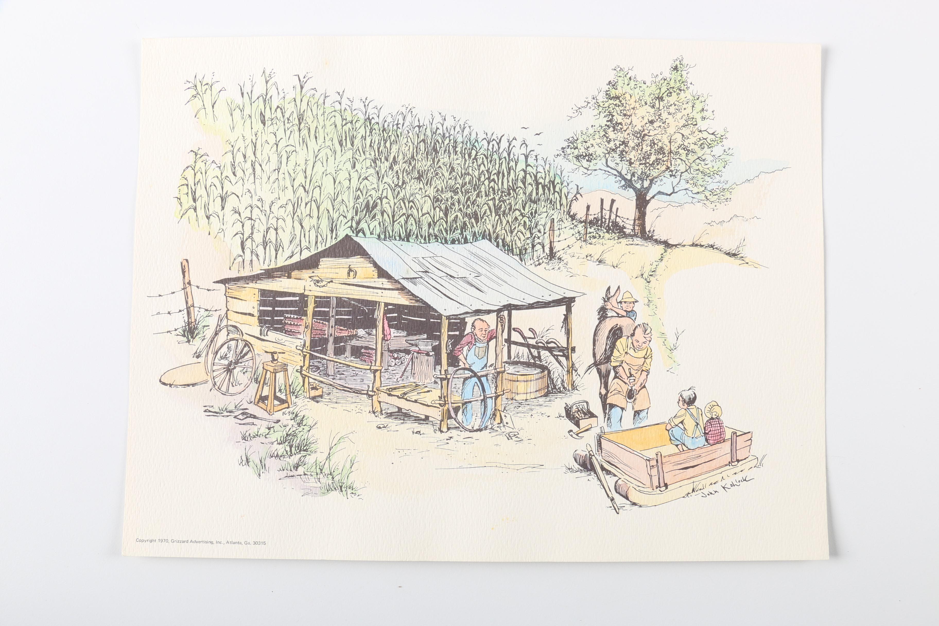 After John Kollock "Down Home" Lithograph Prints With Watercolor Embellishments