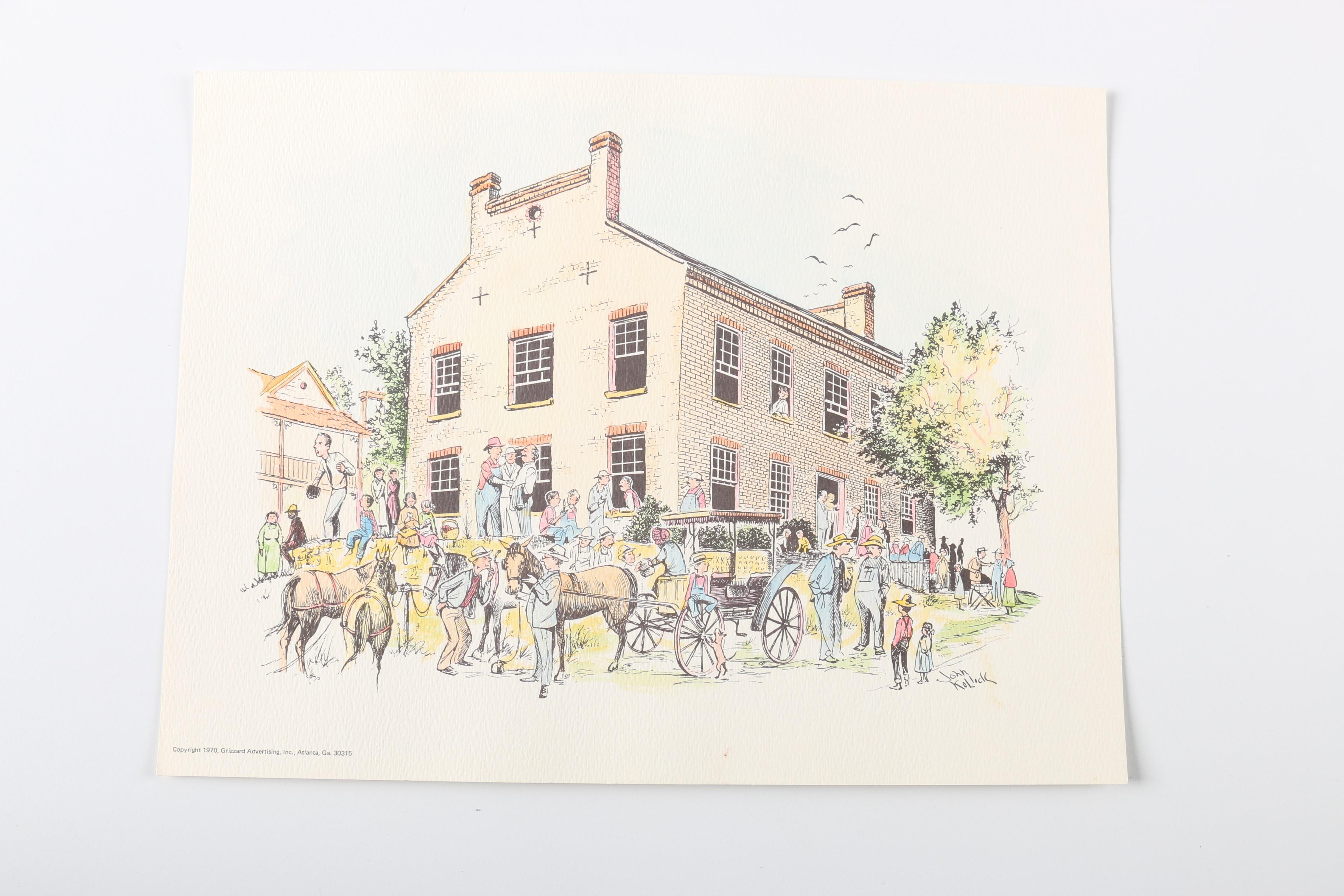 After John Kollock "Down Home" Lithograph Prints With Watercolor Embellishments