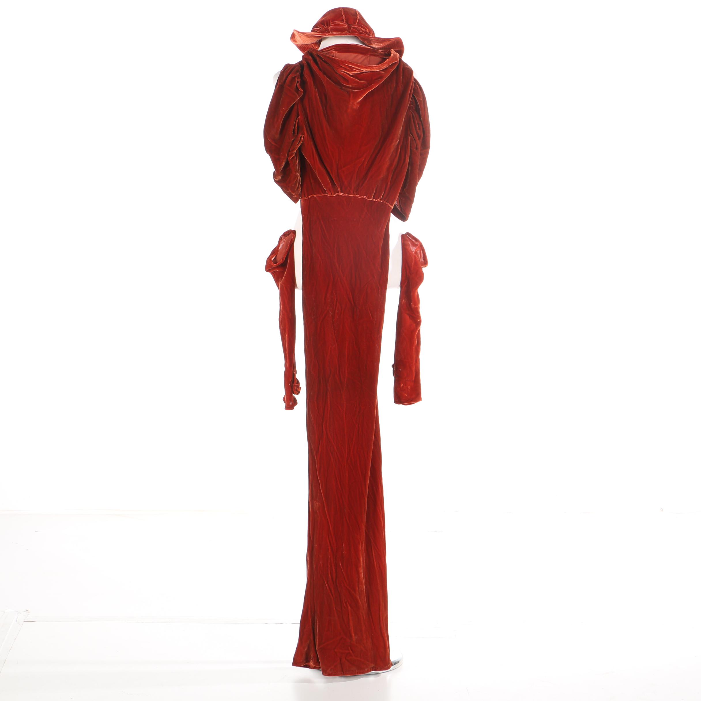 1930s Rust-Colored Crushed Velvet Dress With Hat and Gloves