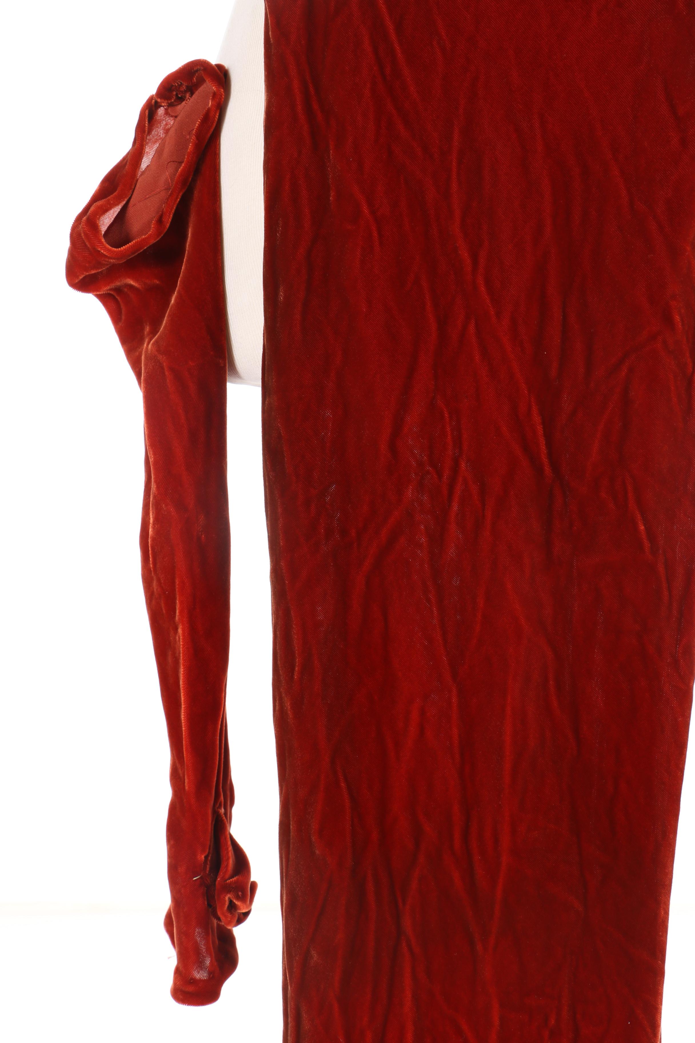 1930s Rust-Colored Crushed Velvet Dress With Hat and Gloves