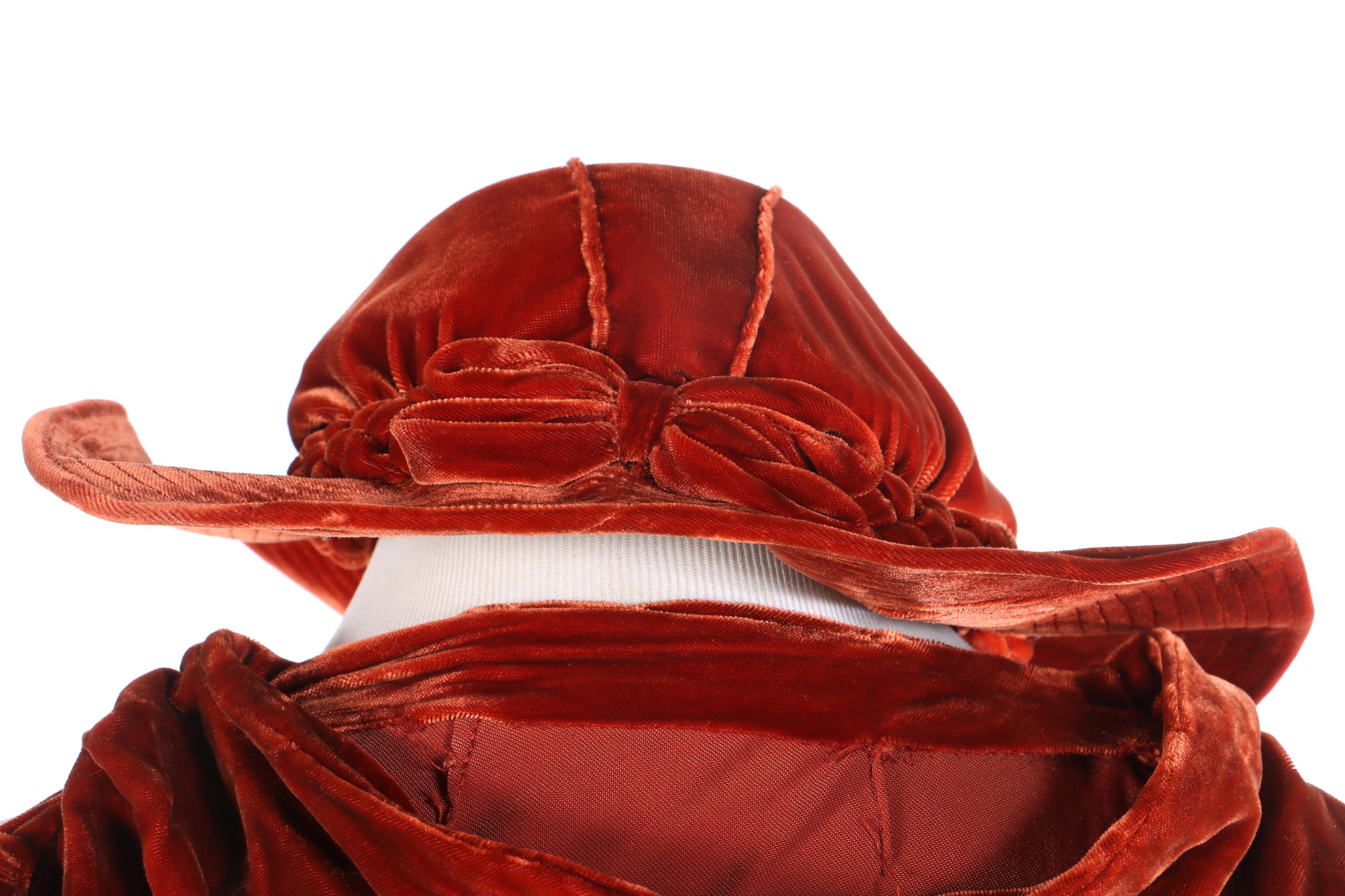 1930s Rust-Colored Crushed Velvet Dress With Hat and Gloves