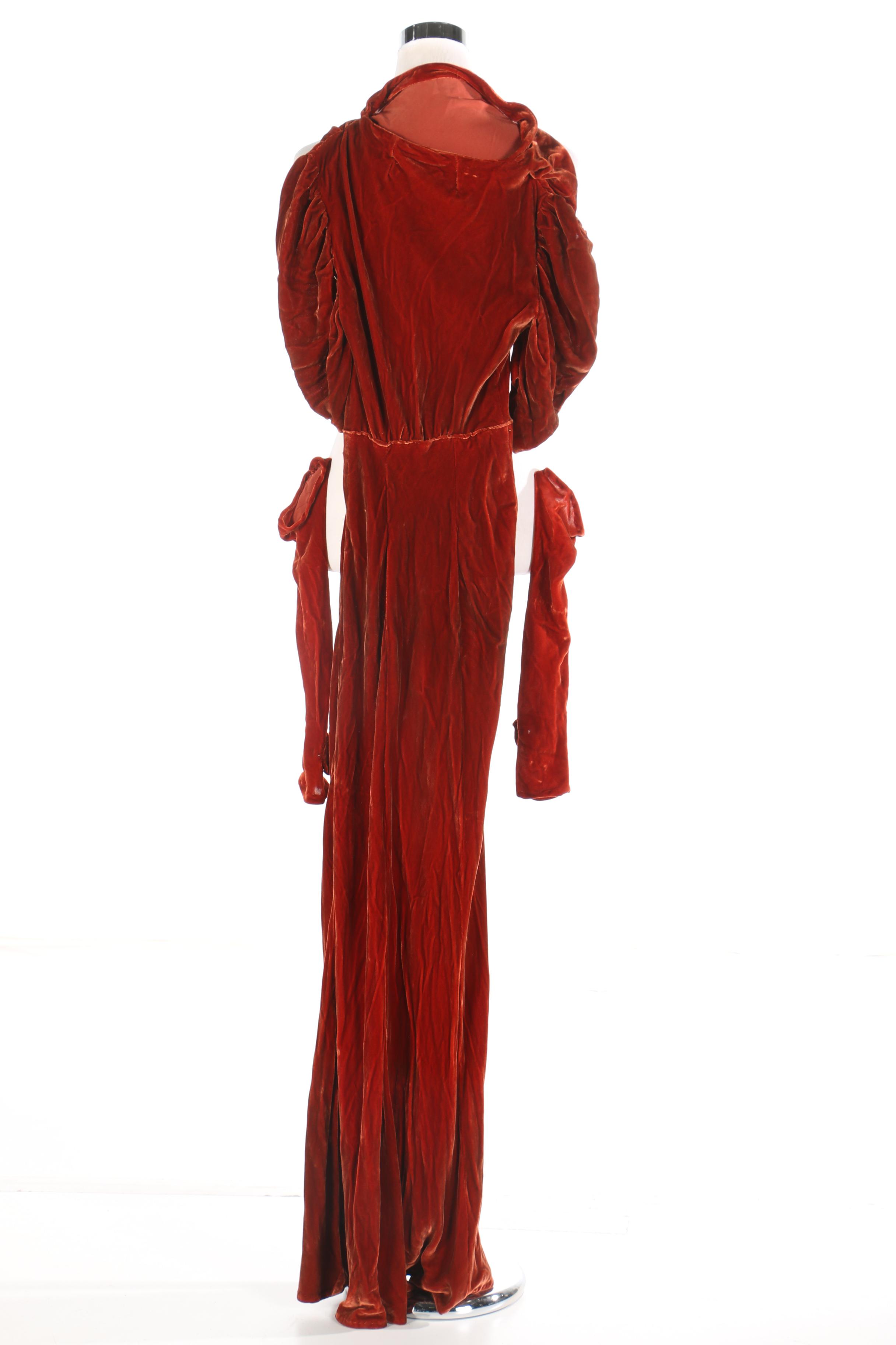 1930s Rust-Colored Crushed Velvet Dress With Hat and Gloves
