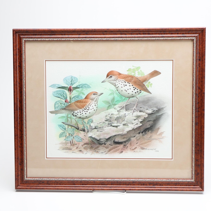 Ken Bucklew 1992 Original Watercolor Painting "Two Wood Thrush"