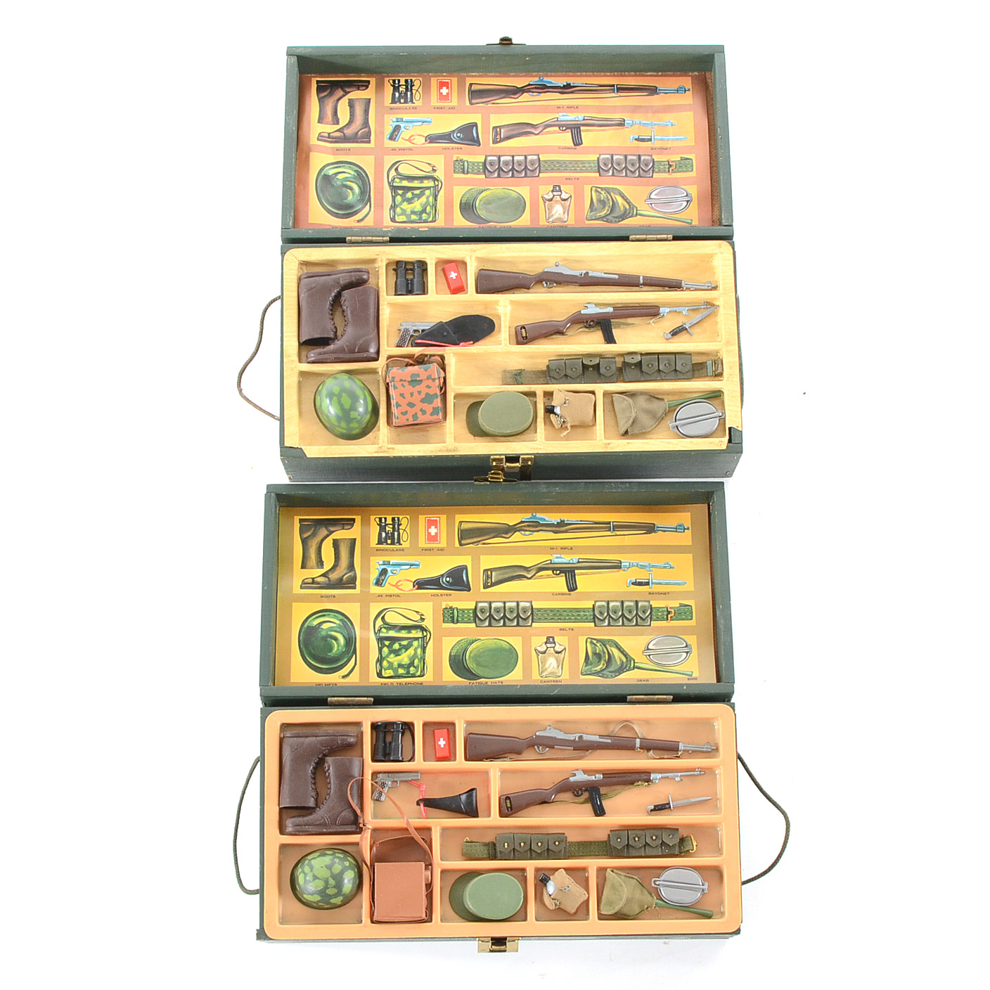 Pair of Original 1964 GI Joe Wooden Footlockers Complete with Weapons