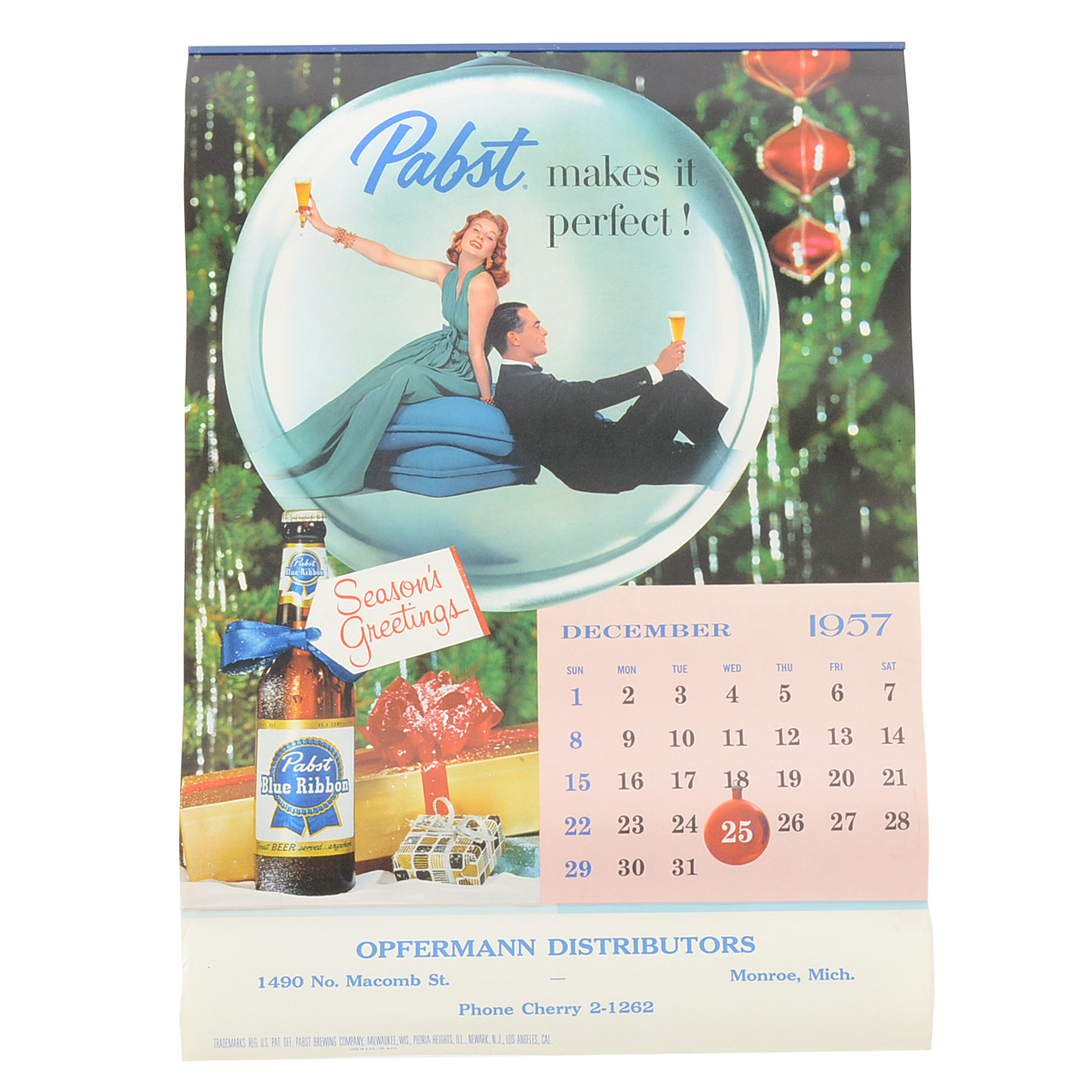 1957-1958 Pabst Blue Ribbon Beer Advertising Calendar