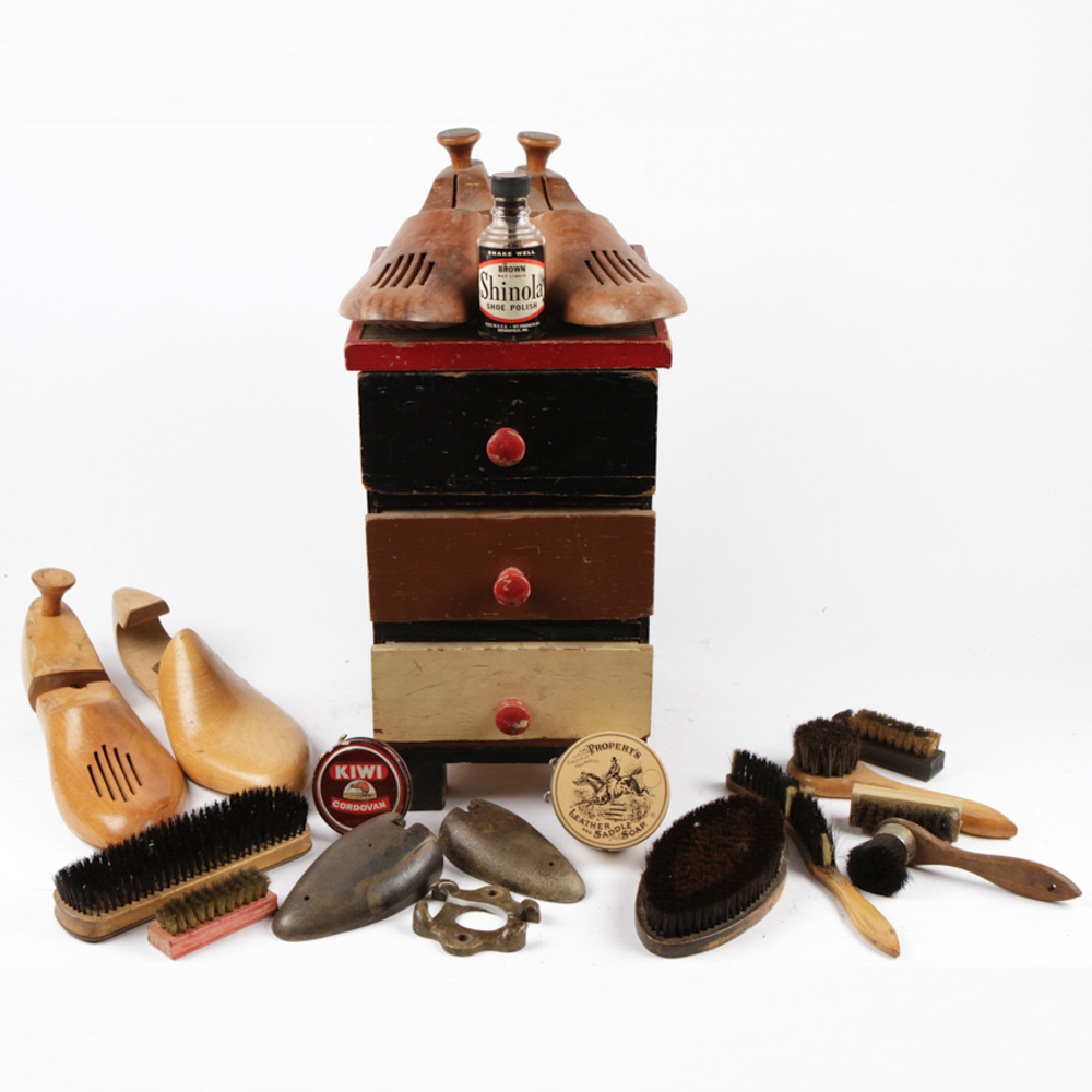Vintage Shoe Shine Kit and Shoe Stretchers