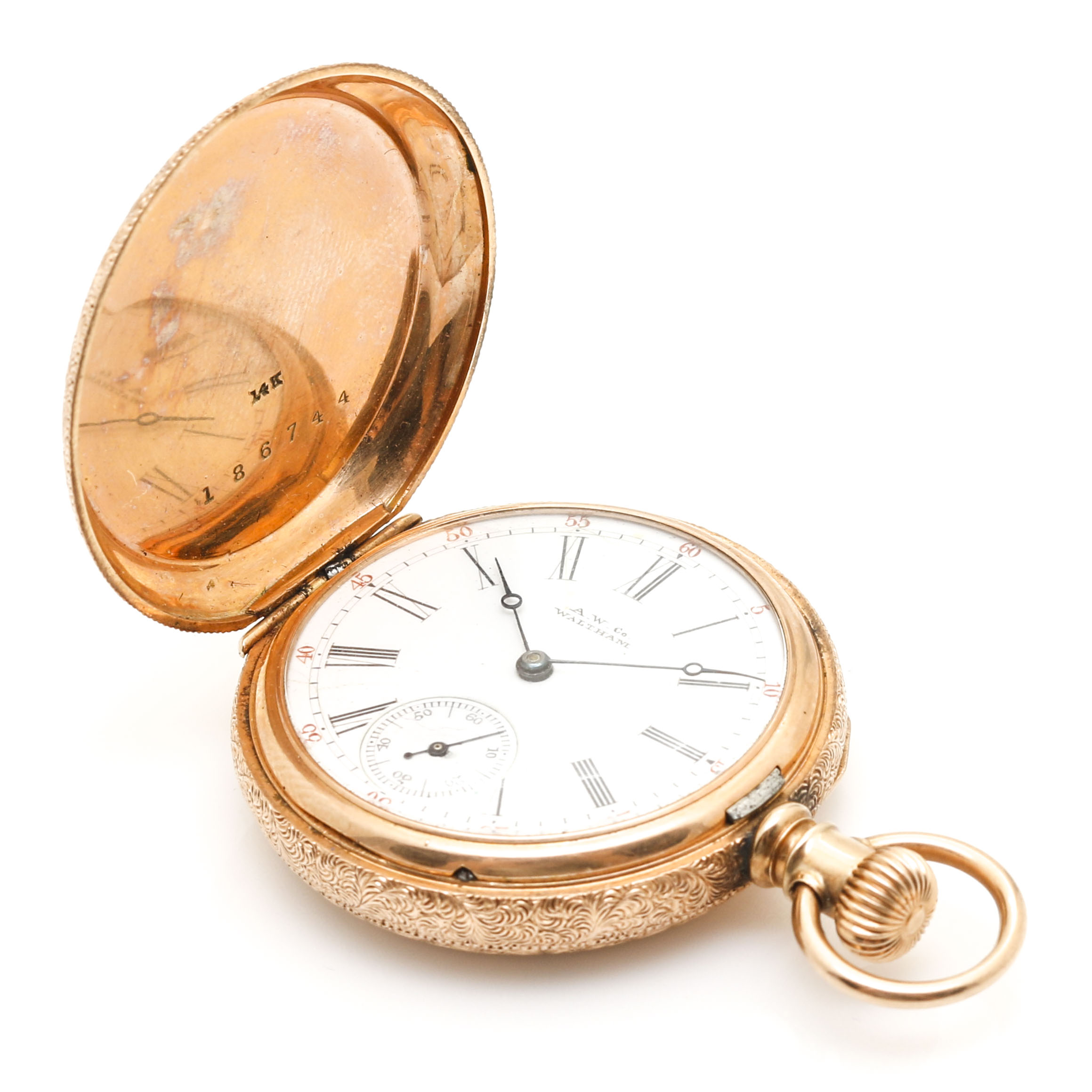 Circa 1888 Antique 14K Rose Gold A.W. Co. Waltham Pocket Watch