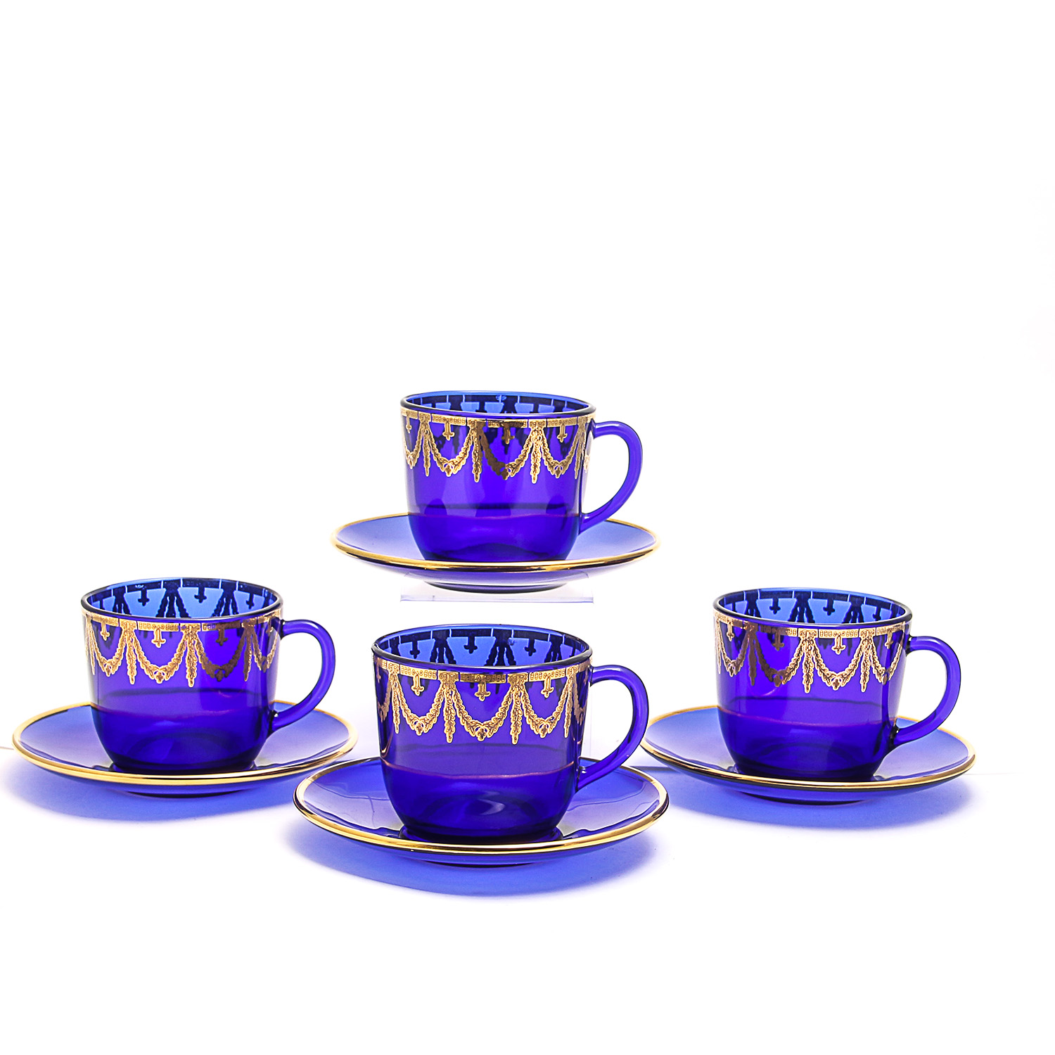 Set of Matching Cobalt Blue Glass Cups and Saucers with Gold Overlay