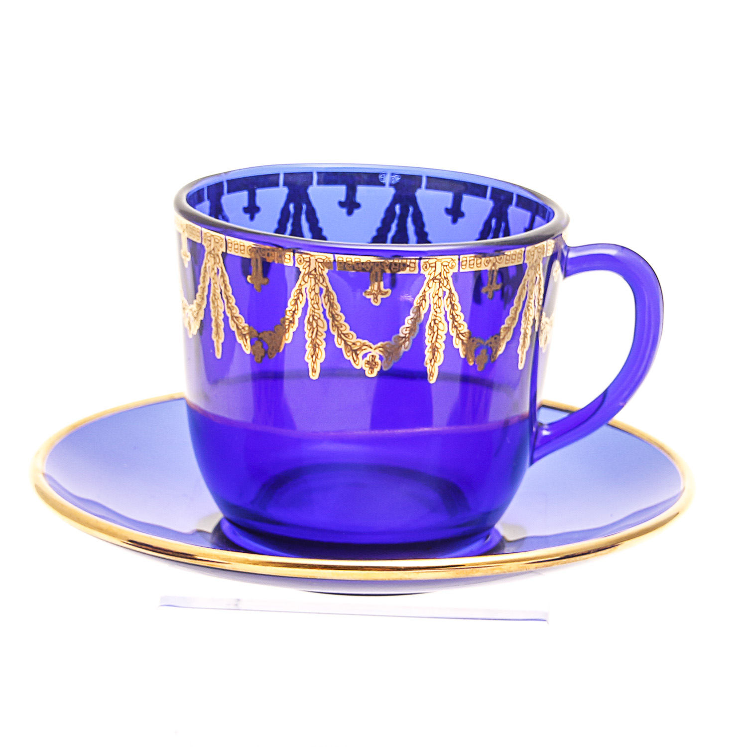 Set of Matching Cobalt Blue Glass Cups and Saucers with Gold Overlay