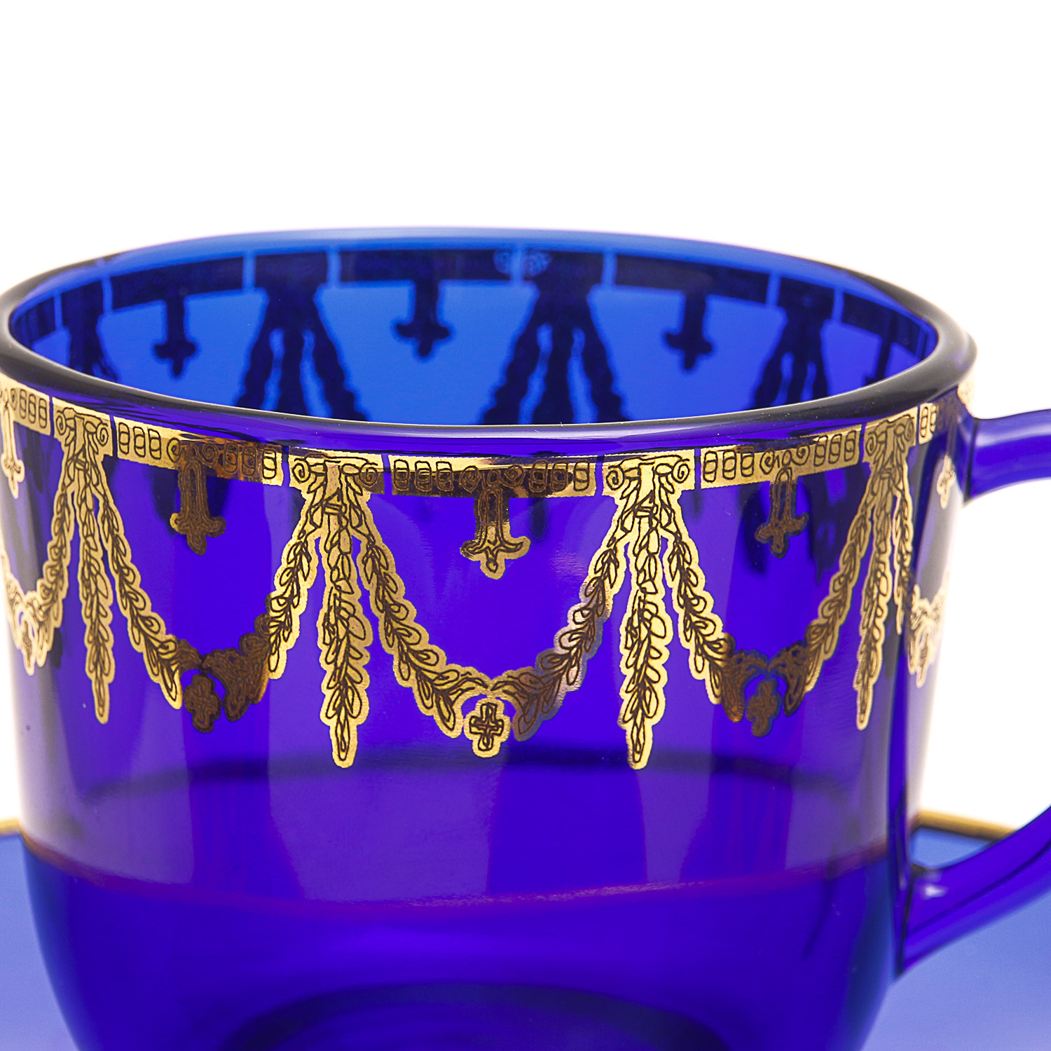 Set of Matching Cobalt Blue Glass Cups and Saucers with Gold Overlay