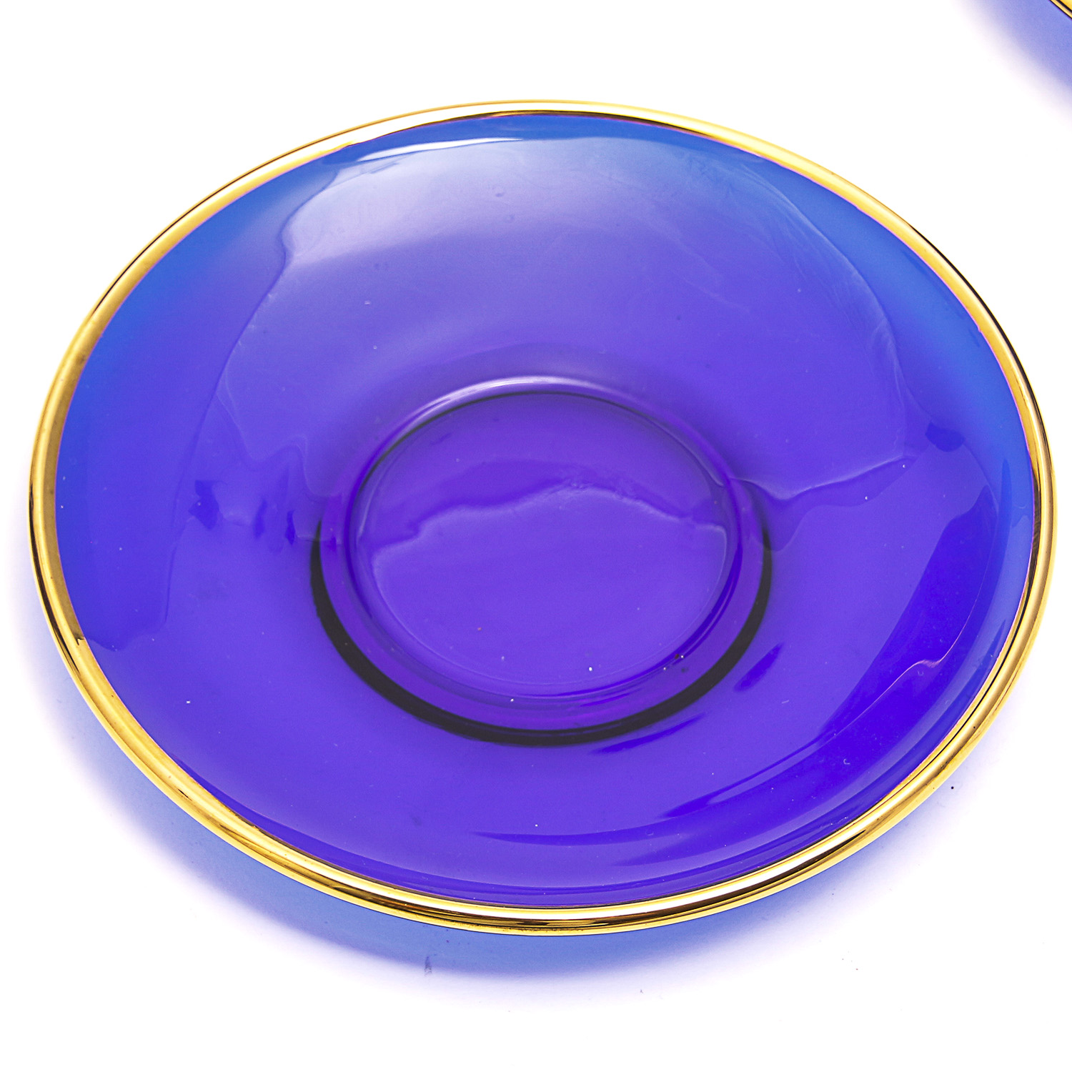 Set of Matching Cobalt Blue Glass Cups and Saucers with Gold Overlay
