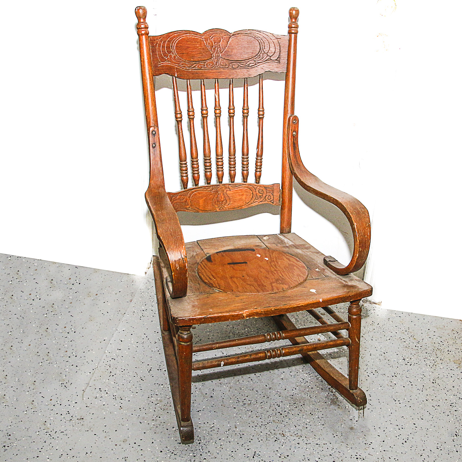 Antique Pressed Back Rustic Oak Rocking Chair