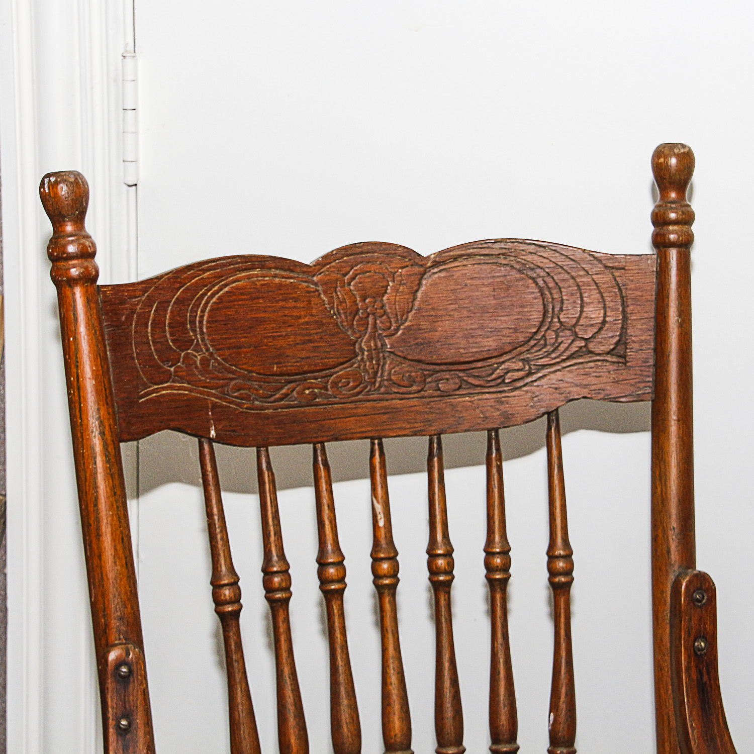 Antique Pressed Back Rustic Oak Rocking Chair