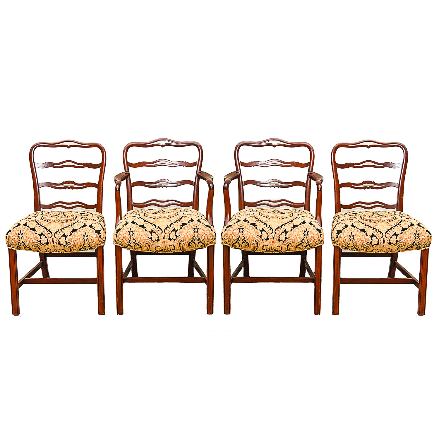Set of Ladderback Dining Chairs with Gold and Black Brocade