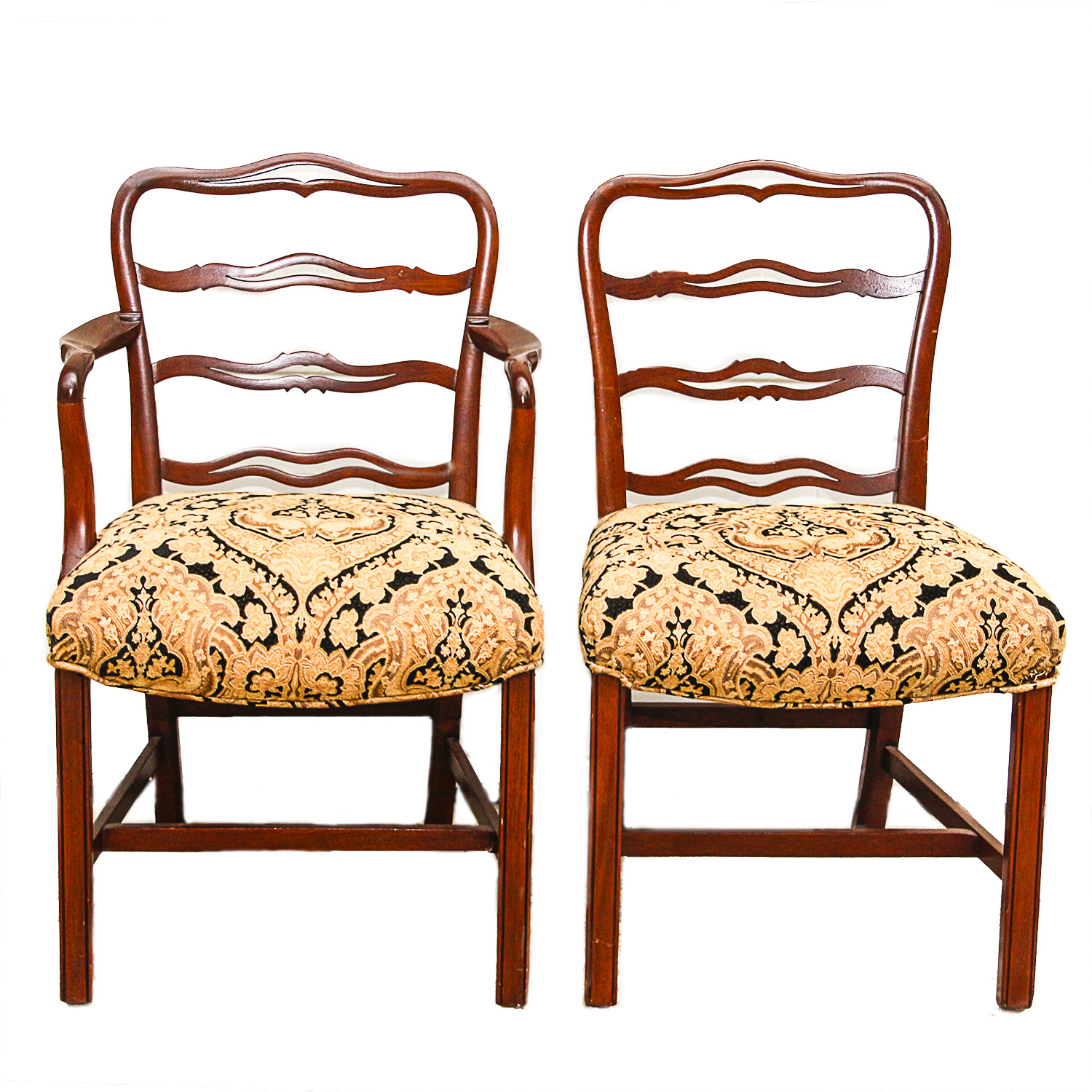 Set of Ladderback Dining Chairs with Gold and Black Brocade