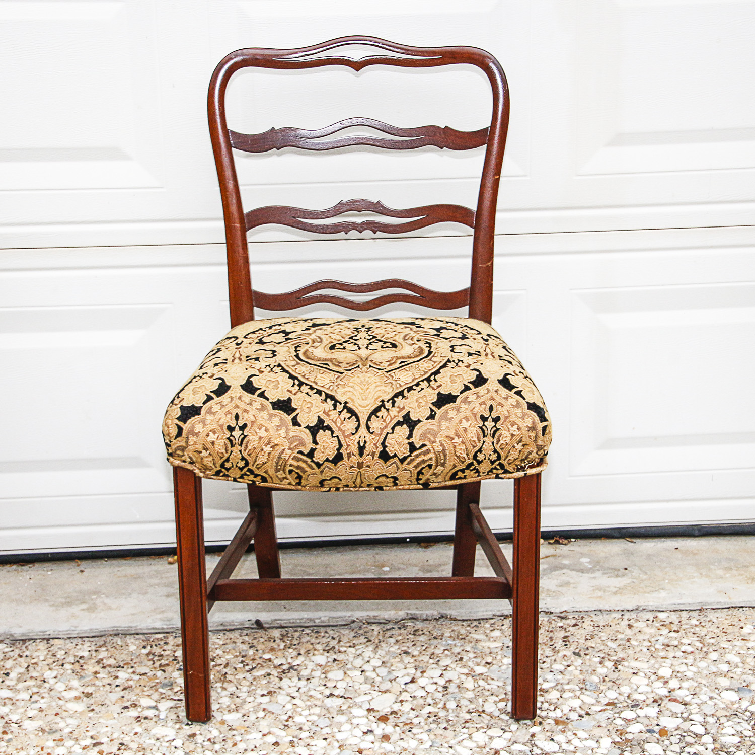 Set of Ladderback Dining Chairs with Gold and Black Brocade
