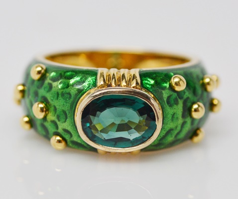 18K Yellow Gold Natural Blue Green Tourmaline and Enamel Ring