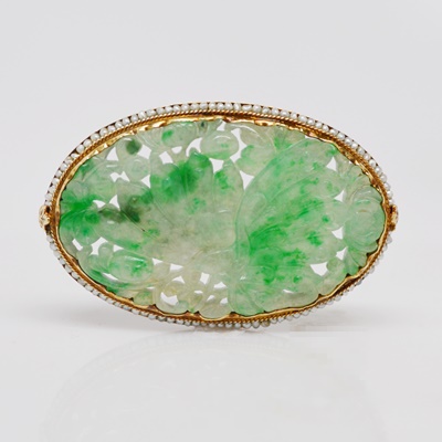 Antique 14K Yellow Gold Jadeite and Seed Pearl Butterfly Brooch