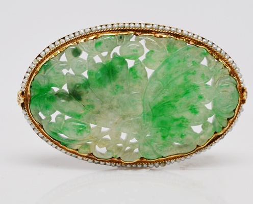 Antique 14K Yellow Gold Jadeite and Seed Pearl Butterfly Brooch