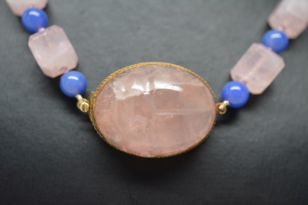 Egyptian Revival Form 14K Yellow Gold Rose Quartz and Chalcedony Pendant Necklace