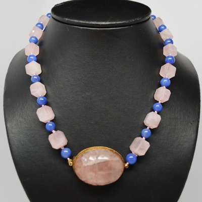 Egyptian Revival Form 14K Yellow Gold Rose Quartz and Chalcedony Pendant Necklace