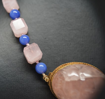 Egyptian Revival Form 14K Yellow Gold Rose Quartz and Chalcedony Pendant Necklace