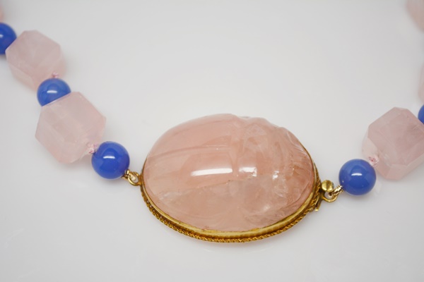 Egyptian Revival Form 14K Yellow Gold Rose Quartz and Chalcedony Pendant Necklace