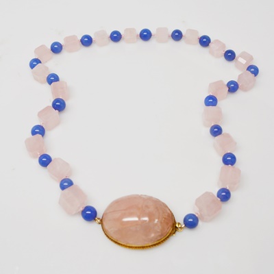 Egyptian Revival Form 14K Yellow Gold Rose Quartz and Chalcedony Pendant Necklace