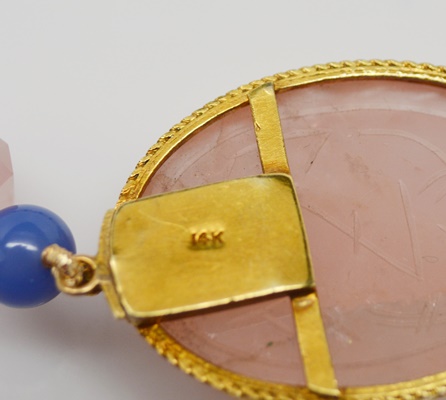 Egyptian Revival Form 14K Yellow Gold Rose Quartz and Chalcedony Pendant Necklace