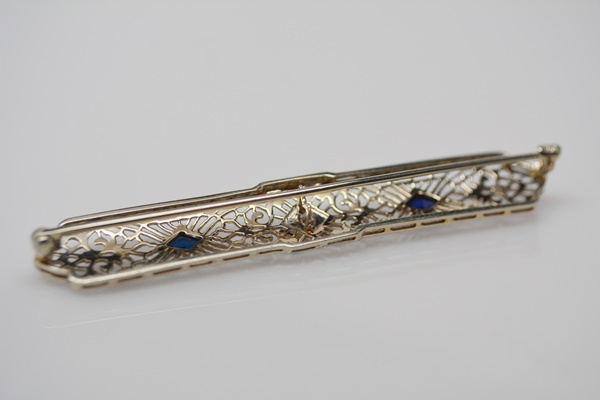 Antique Edwardian 14K White Gold Diamond and Synthetic Blue Sapphire Bar Brooch