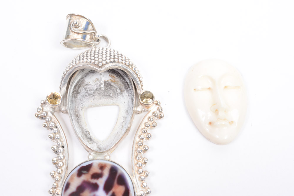 Silver Tone Jewelry Collection Featuring Carved bone