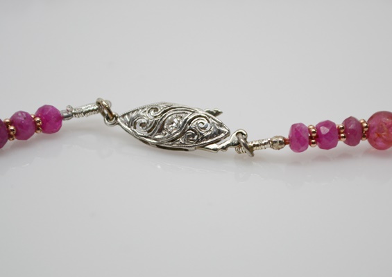 Antique Natural Alluvial Ruby Bead Necklace With Gold Filled Spacers and Platinum Clasp