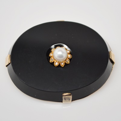 Antique 9K Yellow Gold Black Onyx, Cultured Pearl and Diamond Brooch