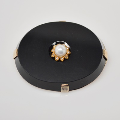 Antique 9K Yellow Gold Black Onyx, Cultured Pearl and Diamond Brooch