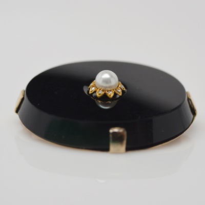 Antique 9K Yellow Gold Black Onyx, Cultured Pearl and Diamond Brooch
