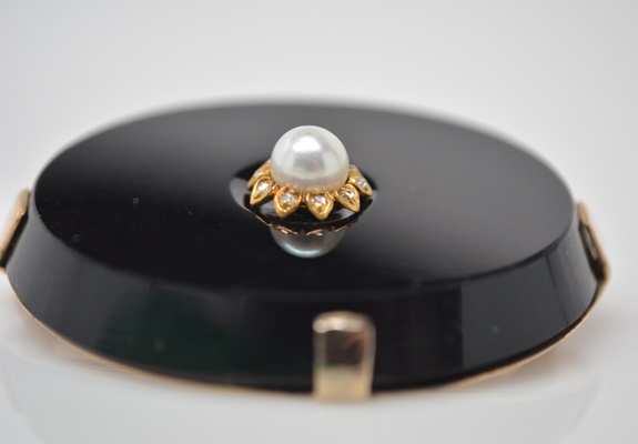Antique 9K Yellow Gold Black Onyx, Cultured Pearl and Diamond Brooch