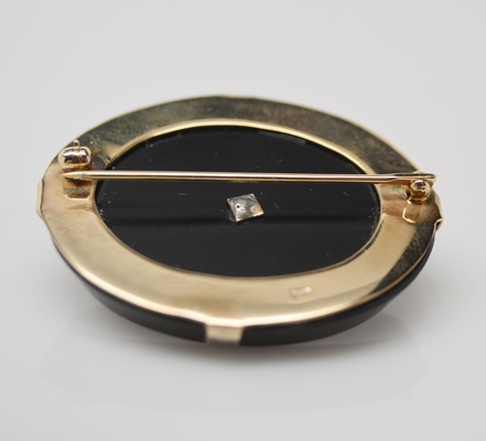 Antique 9K Yellow Gold Black Onyx, Cultured Pearl and Diamond Brooch