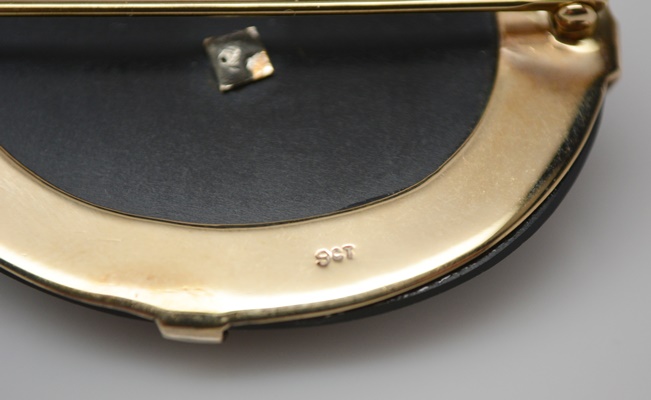 Antique 9K Yellow Gold Black Onyx, Cultured Pearl and Diamond Brooch