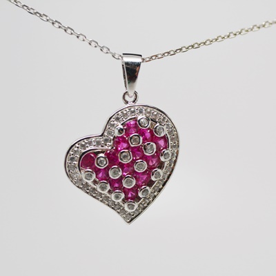 Sterling Silver Synthetic Ruby and Cubic Zirconia Heart Pendant Necklace